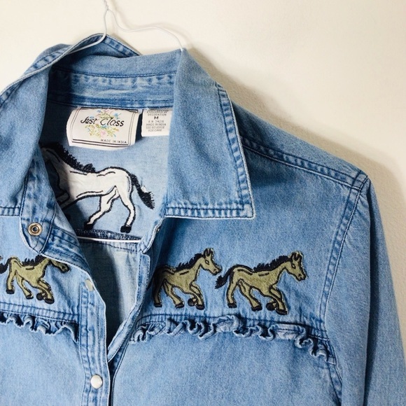 Just Class vintage button up horses India women medium blue cotton - Picture 2 of 10